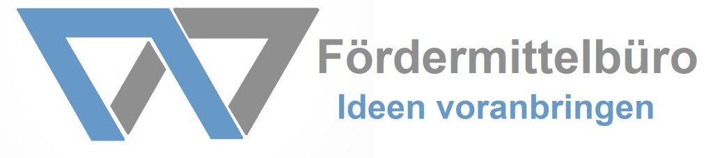 Das logo des Fördermittelbüros ist in grau-blauen Farben gestaltet und mit der Unterschrift "Ideen voranbringen" versehen.