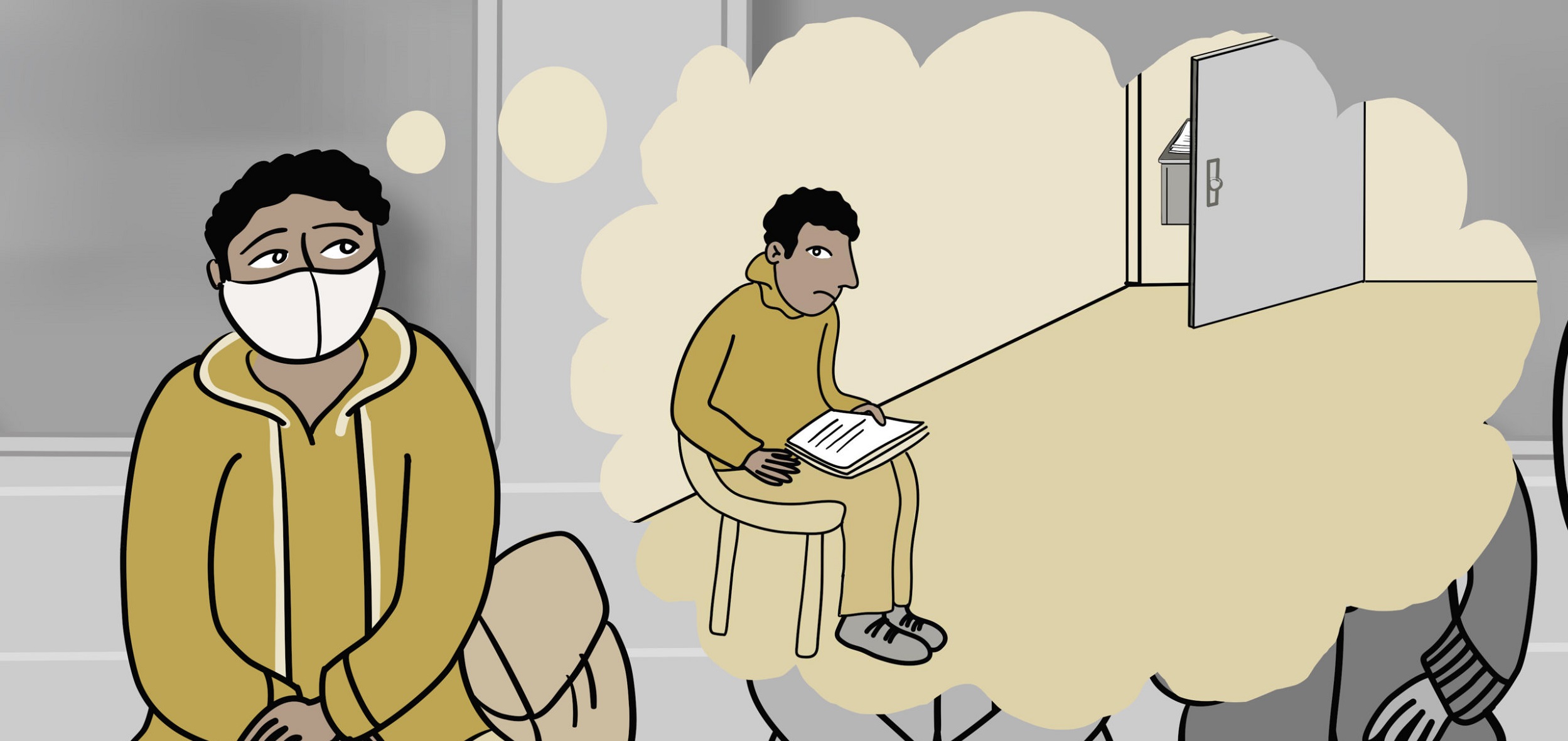 Ein Mensch mit Maske sitzt auf einem Stuhl und hat eine Gedankenblase, in welcher er in einem leeren Zimmer vor einem beschriebenen Papier sitzt.