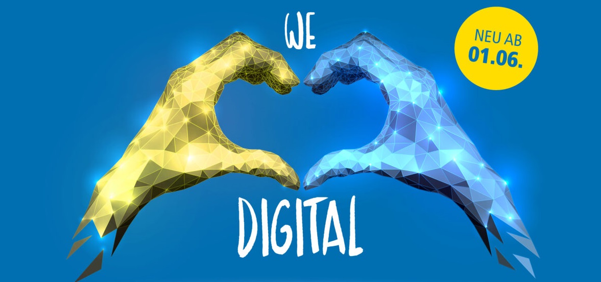 Zwei grafisch dargestellte Hände bilden ein Herz, was gemeinsam mit der Schrift auf dem Bild zu einem "We (love) digital" wird.