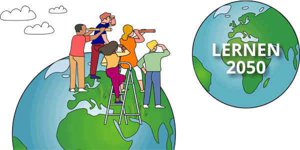 Grafik, die mehrere junge Menschen zeigt, welche mit Ferngläsern auf eine Erde schauen. Über der Erde prangt die Aufschrift "Lernen 2050".